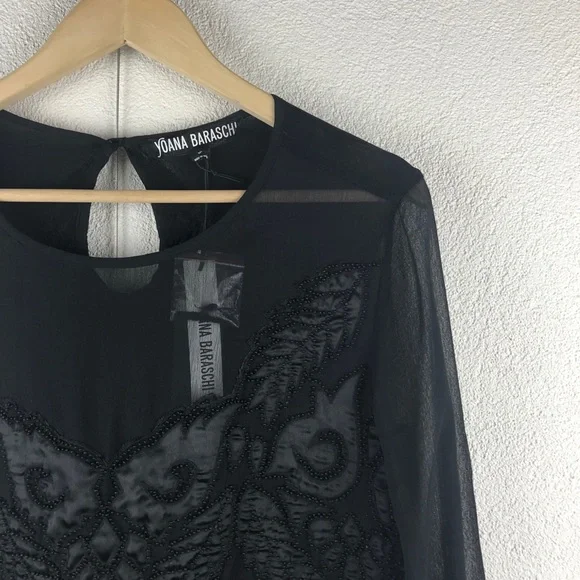 Yoana Baraschi l S Black Long Sheer Silk Chiffon Sleeves Quilted Beaded Blouse